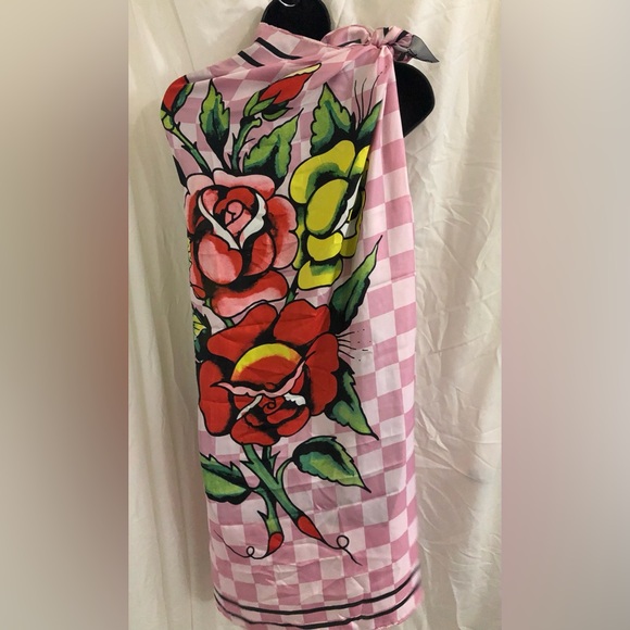 Ed Hardy pink white checkered iconic Ed Hardy red rose florals scarf shawl new - Picture 5 of 15